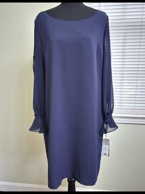Karl Lagerfeld Navy Blue Sheer-Sleeve Midi Dress